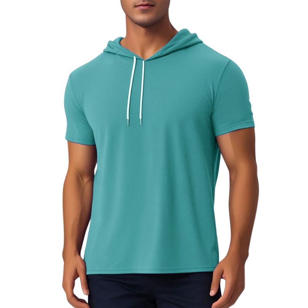 Short Sleeve Athletic Workout Pullover Drawstring Hooded T-Shirts Dark Green